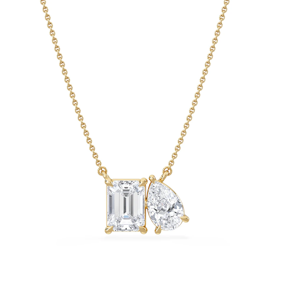 Toi Et Moi 3.00ct Emerald and Pear Cut Lab Diamond 2 Stone Necklace in 18K Yellow Gold
