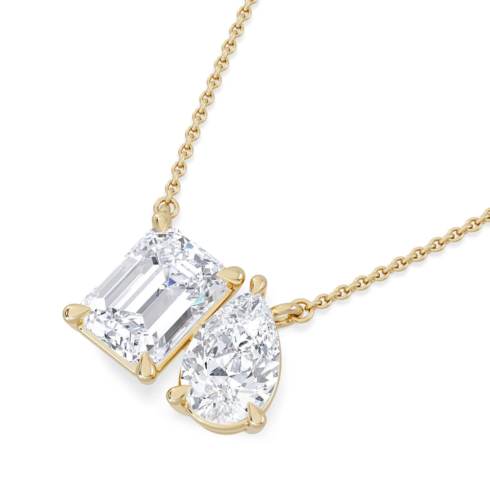 Toi Et Moi 3.00ct Emerald and Pear Cut Lab Diamond 2 Stone Necklace in 18K Yellow Gold