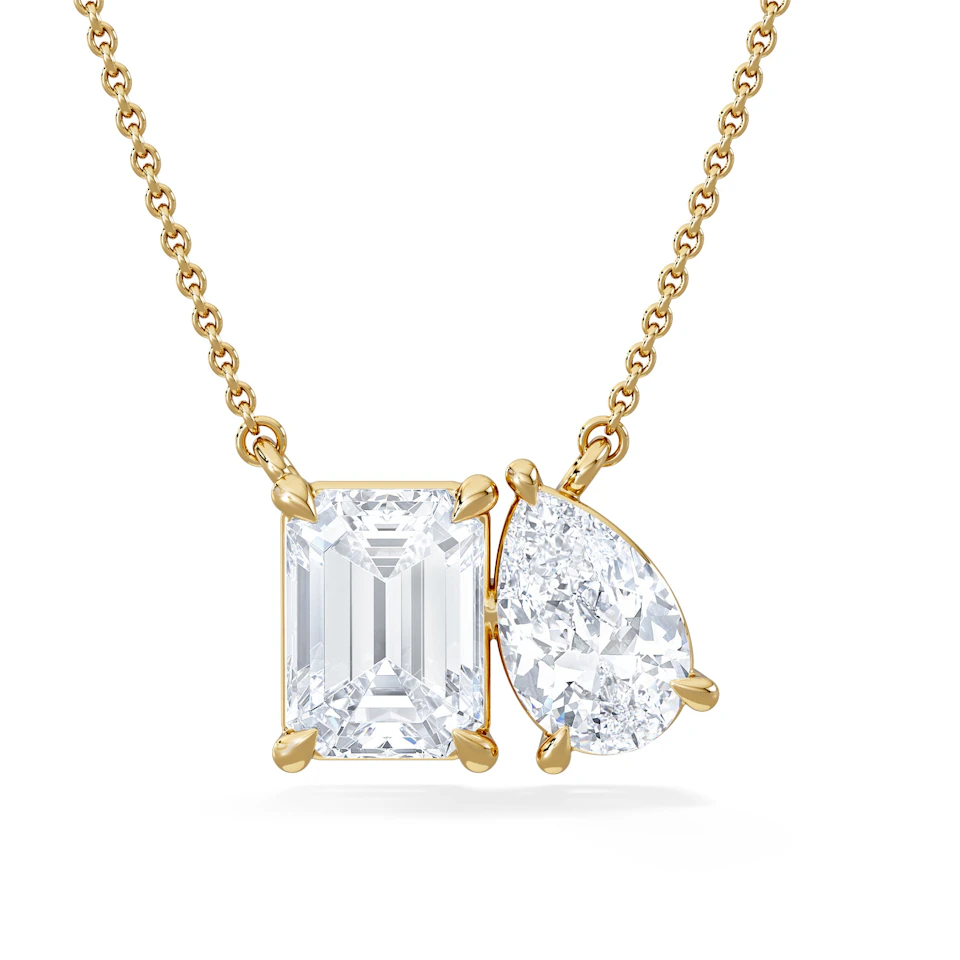 Toi Et Moi 3.00ct Emerald and Pear Cut Lab Diamond 2 Stone Necklace in 18K Yellow Gold