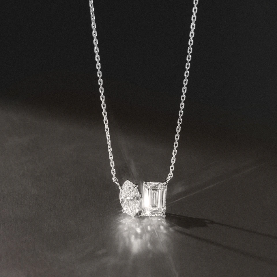Toi Et Moi 3.00ct Marquise and Emerald Cut Lab Diamond 2 Stone Necklace in 18K White Gold