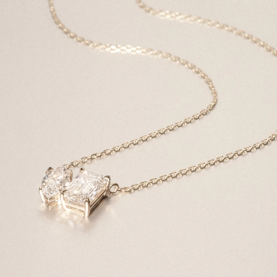 Toi Et Moi 3.00ct Marquise and Emerald Cut Lab Diamond 2 Stone Necklace in 18K Yellow Gold