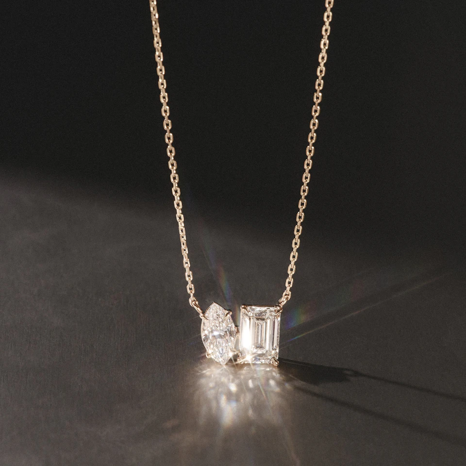 Toi Et Moi 3.00ct Marquise and Emerald Cut Lab Diamond 2 Stone Necklace in 18K Yellow Gold