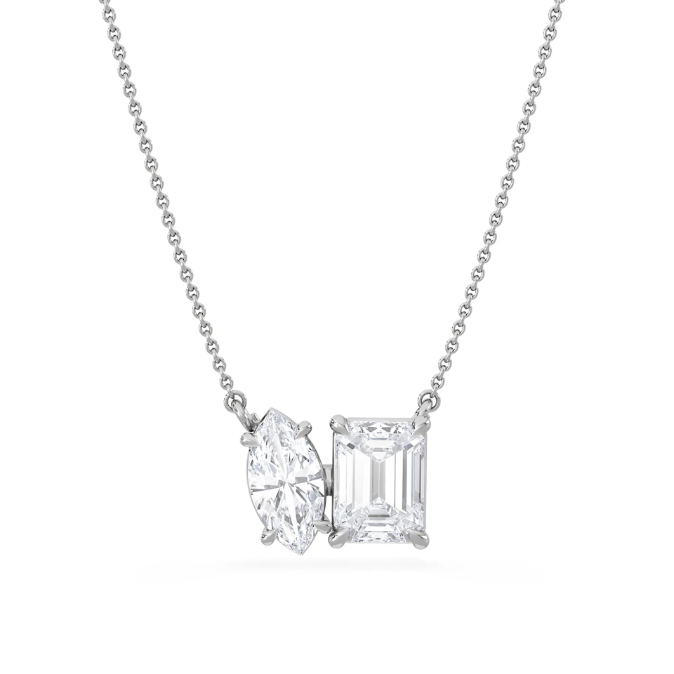 Toi Et Moi 3.00ct Marquise and Emerald Cut Lab Diamond 2 Stone Necklace in 18K White Gold
