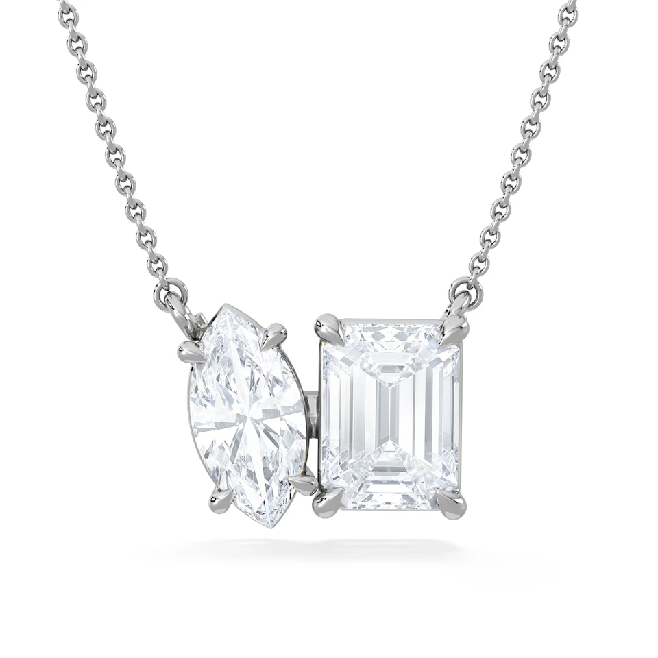 Toi Et Moi 3.00ct Marquise and Emerald Cut Lab Diamond 2 Stone Necklace in 18K White Gold