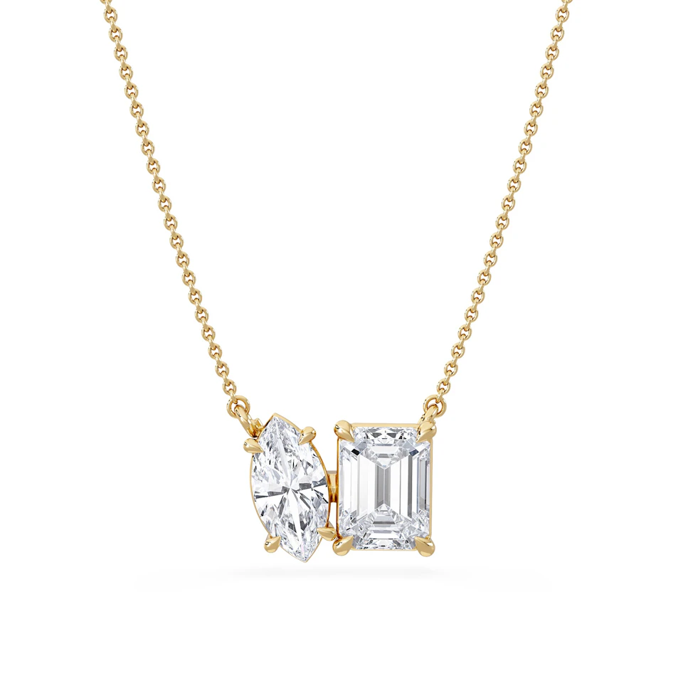 Toi Et Moi 3.00ct Marquise and Emerald Cut Lab Diamond 2 Stone Necklace in 18K Yellow Gold