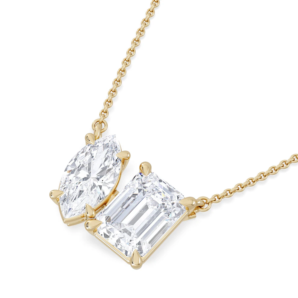 Toi Et Moi 3.00ct Marquise and Emerald Cut Lab Diamond 2 Stone Necklace in 18K Yellow Gold