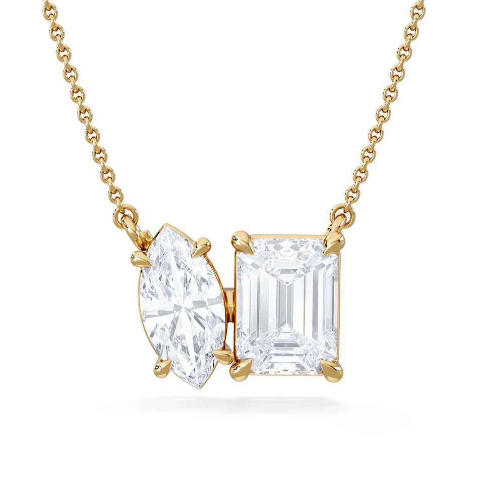 Toi Et Moi 3.00ct Marquise and Emerald Cut Lab Diamond 2 Stone Necklace in 18K Yellow Gold