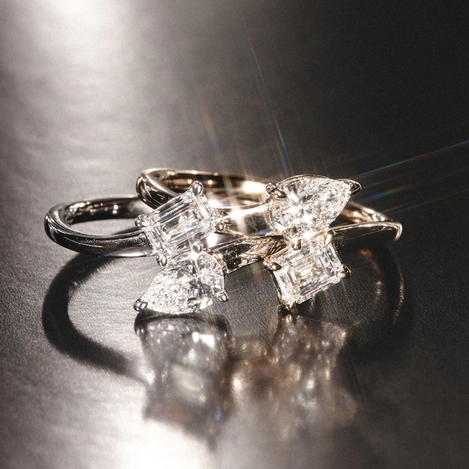 Toi et Moi Emerald and Pear Cut Lab Diamond Ring 0.50ct F/VS in 925 Silver