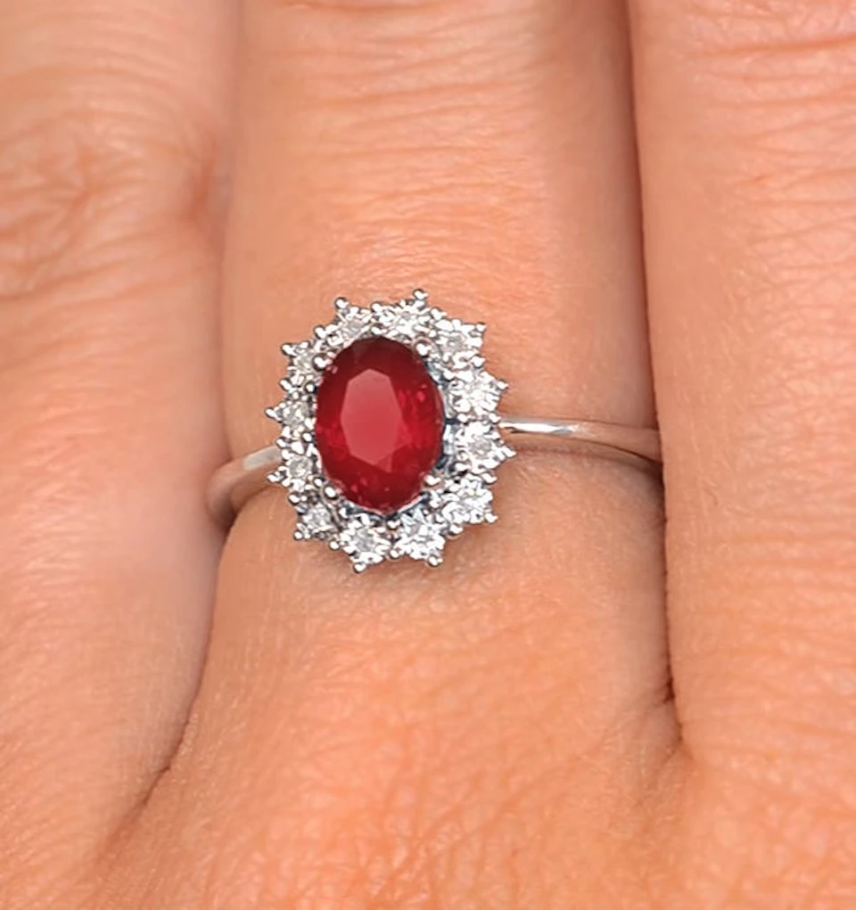 Ruby Ring With Lab Diamond Halo 7 x 5mm Set in 925 Silver