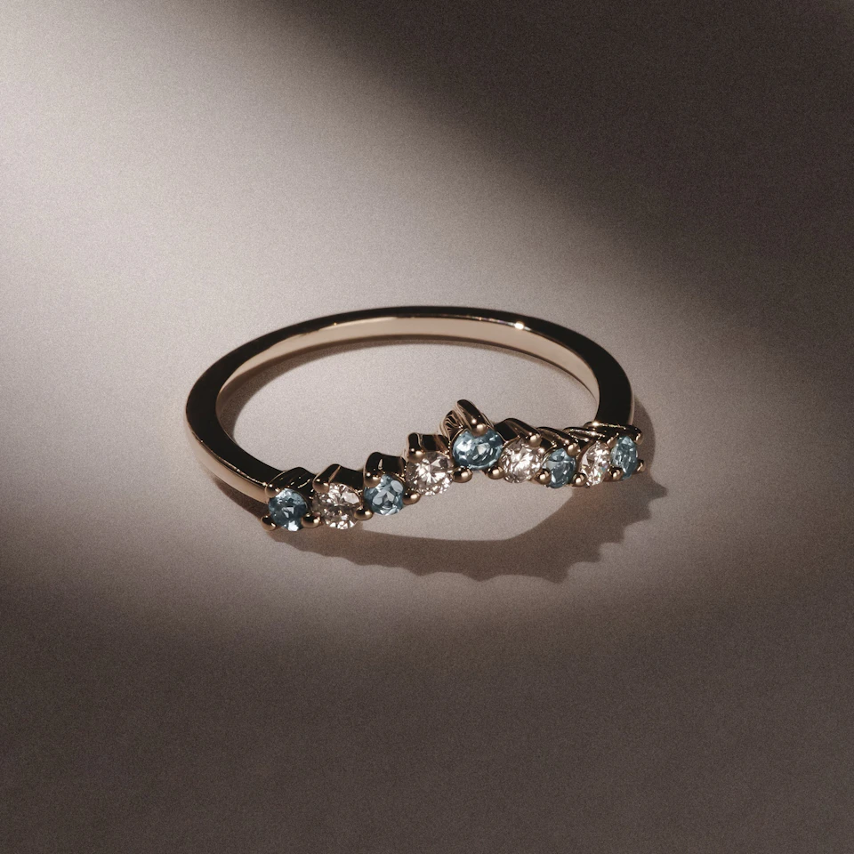 Starlit Aquamarine and Lab Diamond Wishbone Ring in 9K Yellow Gold