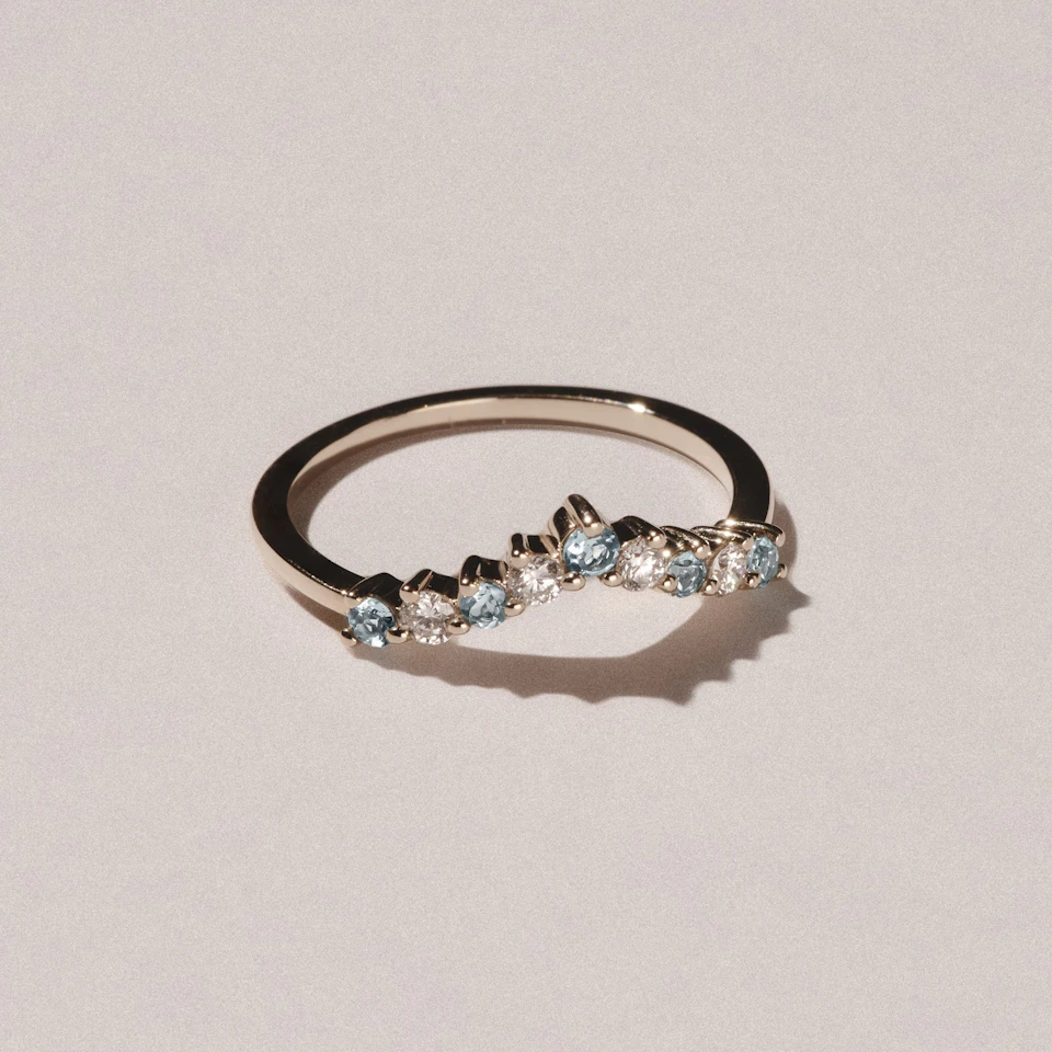 Starlit Aquamarine and Lab Diamond Wishbone Ring in 9K Yellow Gold