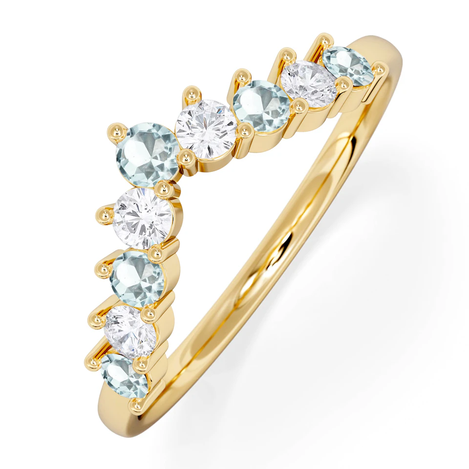 Starlit Aquamarine and Lab Diamond Wishbone Ring in 9K Yellow Gold