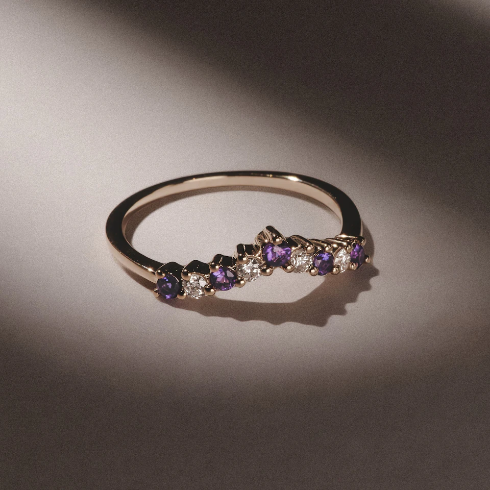 Starlit Amethyst and Lab Diamond Wishbone Ring in 9K Yellow Gold