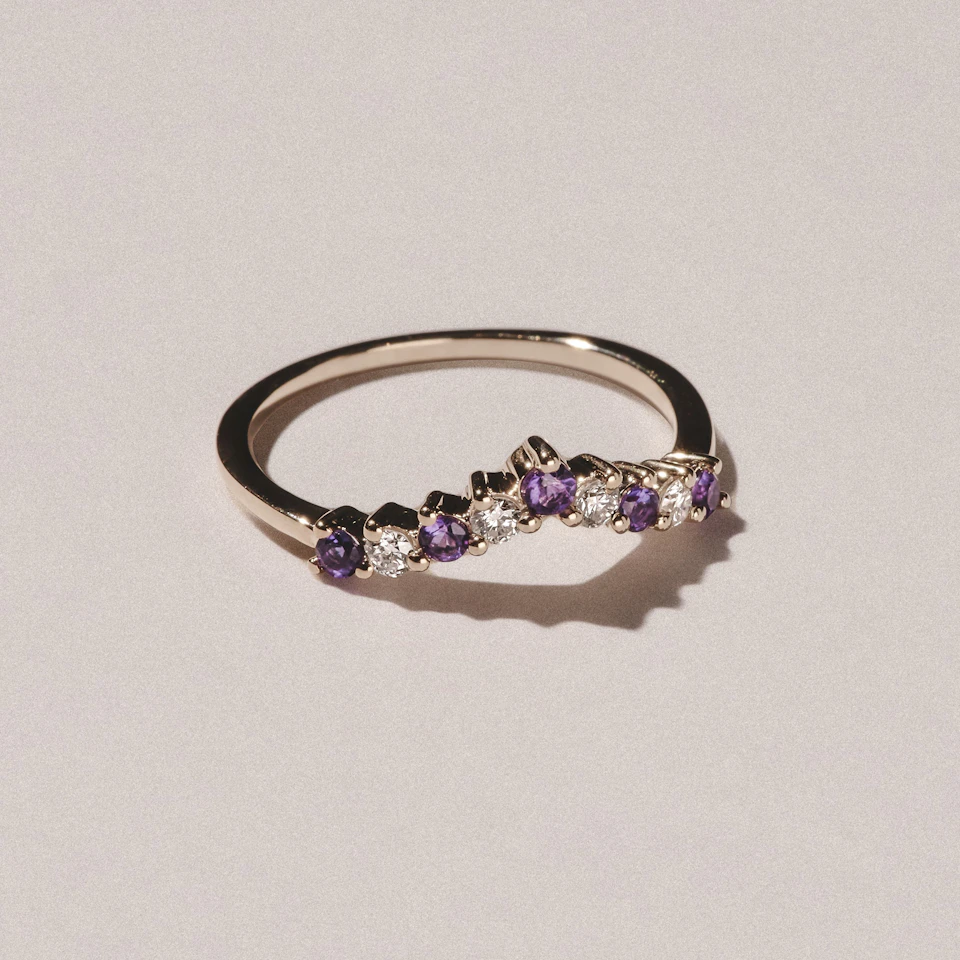 Starlit Amethyst and Lab Diamond Wishbone Ring in 9K Yellow Gold