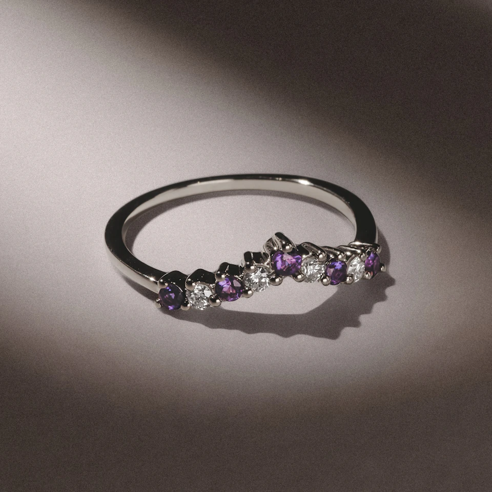 Starlit Amethyst and Lab Diamond Wishbone Ring in 9K White Gold