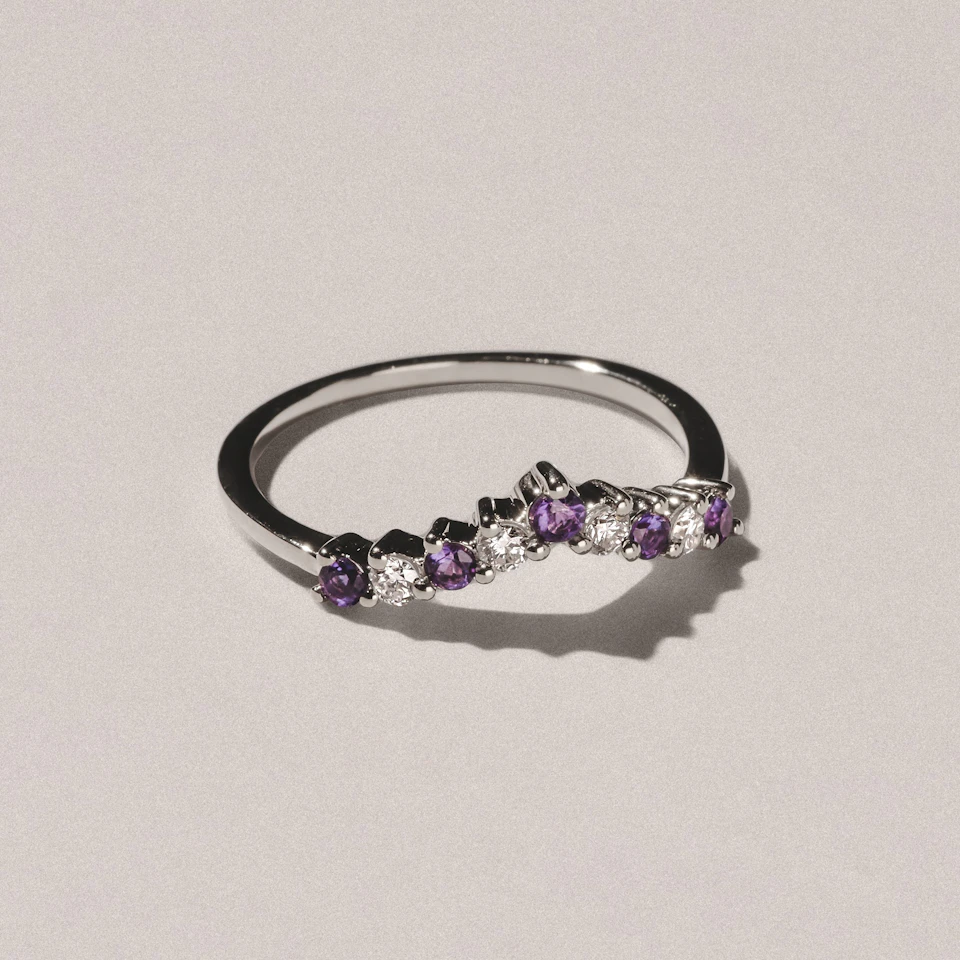 Starlit Amethyst and Lab Diamond Wishbone Ring in 9K White Gold