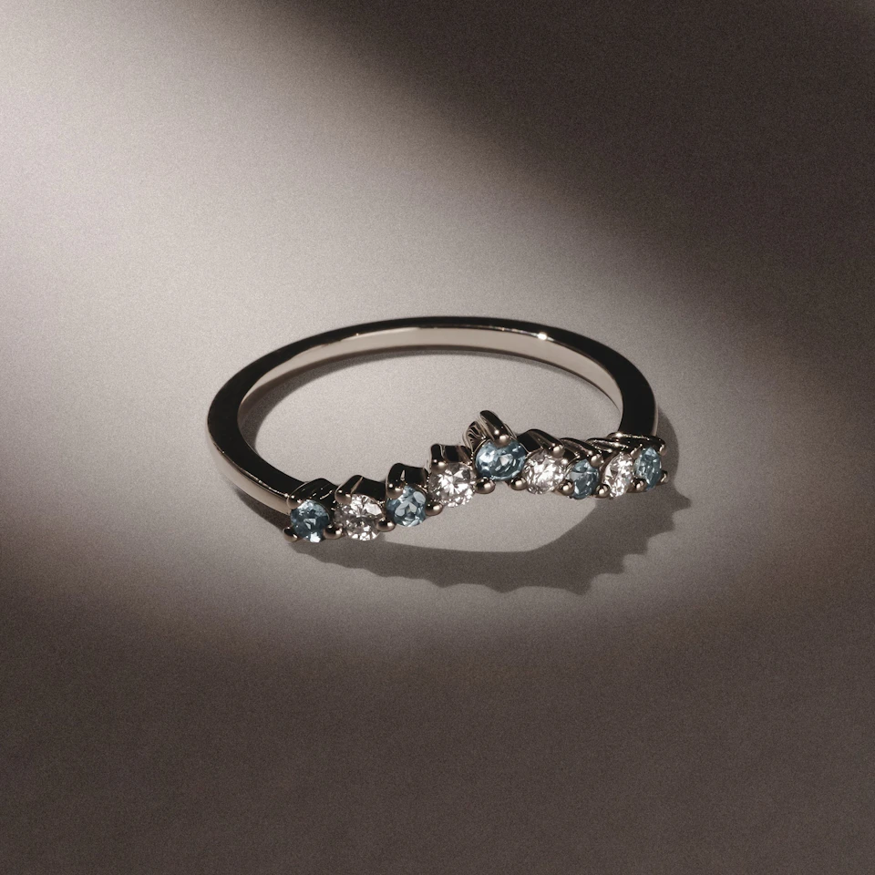 Starlit Aquamarine and Lab Diamond Wishbone Ring in 9K White Gold
