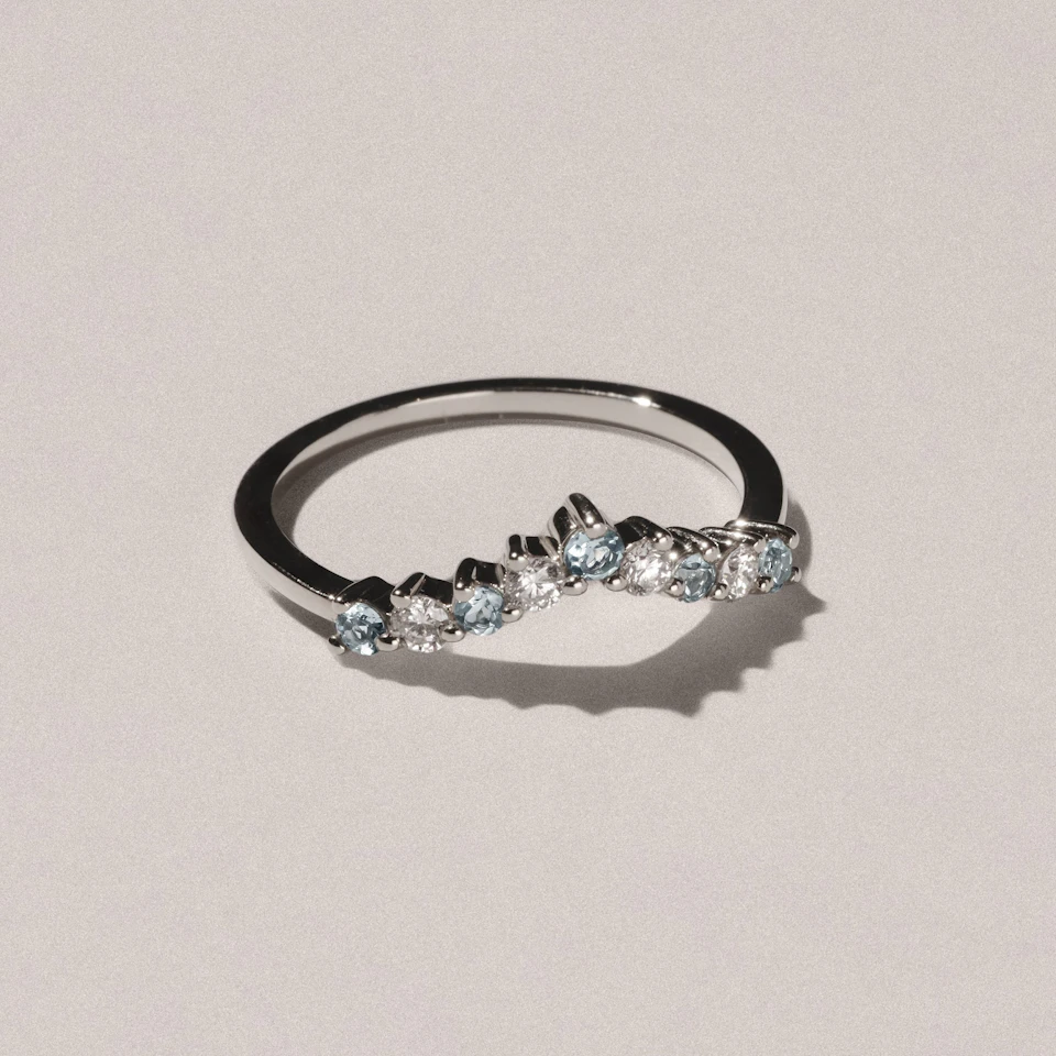 Starlit Aquamarine and Lab Diamond Wishbone Ring in 9K White Gold