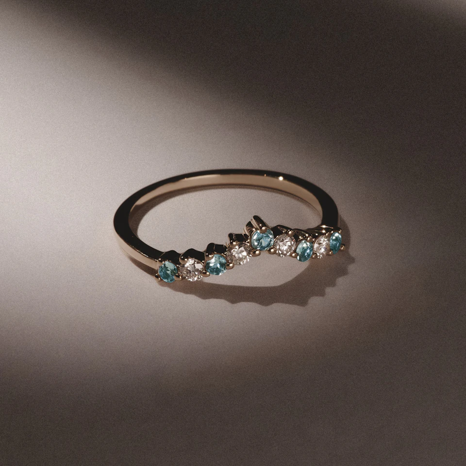 Starlit Blue Topaz and Lab Diamond Wishbone Ring in 9K Yellow Gold