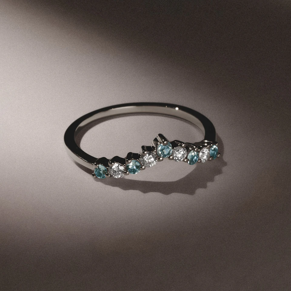 Starlit Blue Topaz and Lab Diamond Wishbone Ring in 9K White Gold