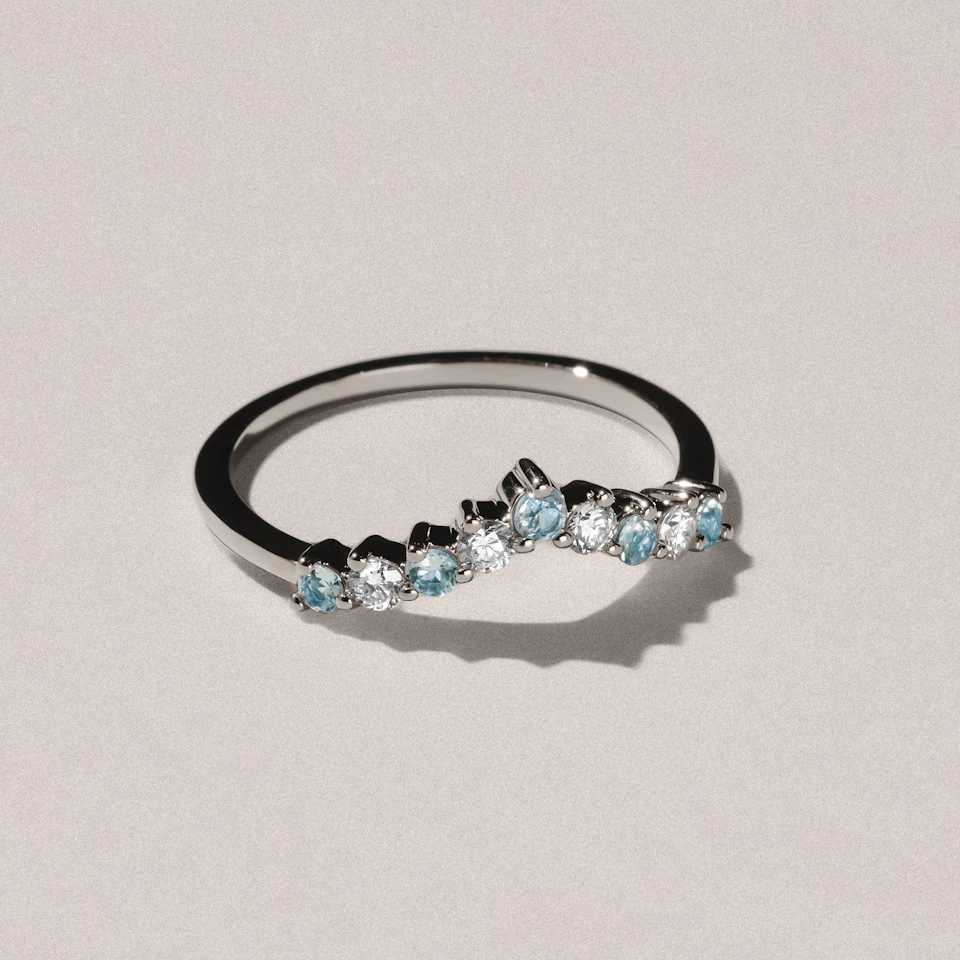 Starlit Blue Topaz and Lab Diamond Wishbone Ring in 9K White Gold
