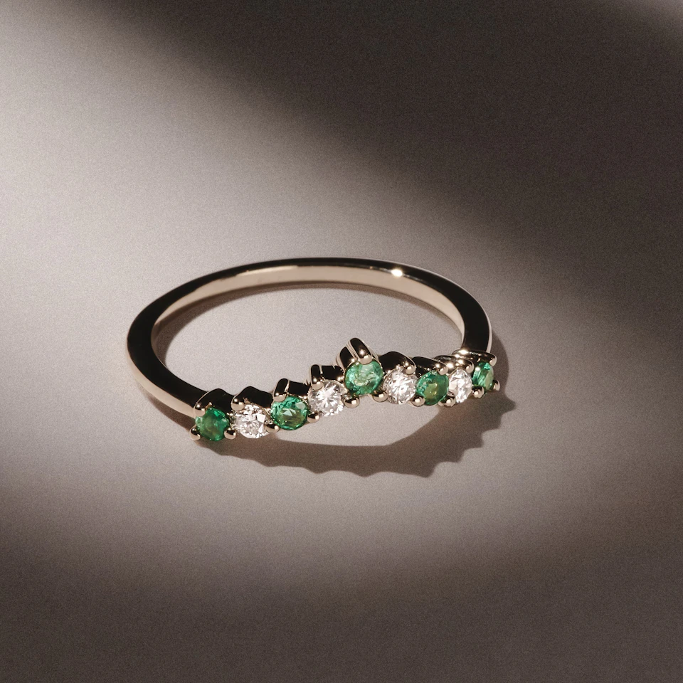 Starlit Emerald and Lab Diamond Wishbone Ring in 9K Yellow Gold