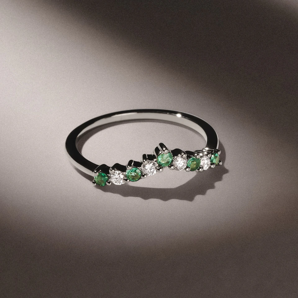 Starlit Emerald and Lab Diamond Wishbone Ring in 9K White Gold