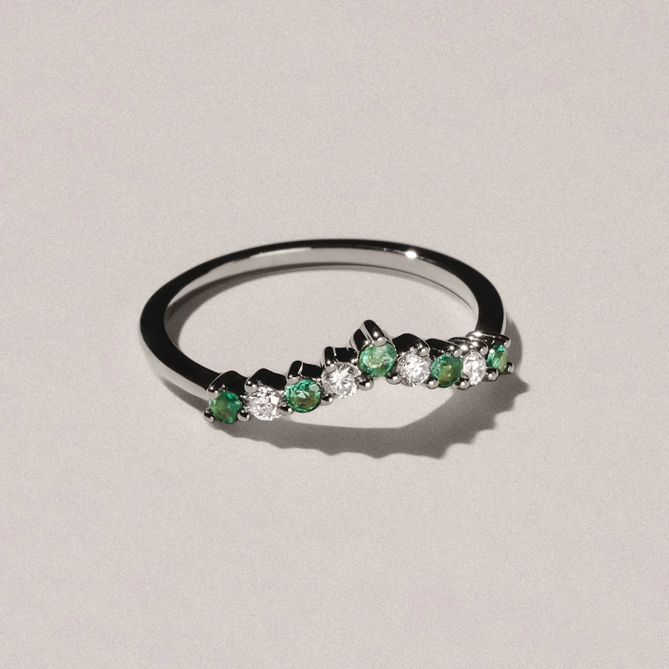 Starlit Emerald and Lab Diamond Wishbone Ring in 9K White Gold