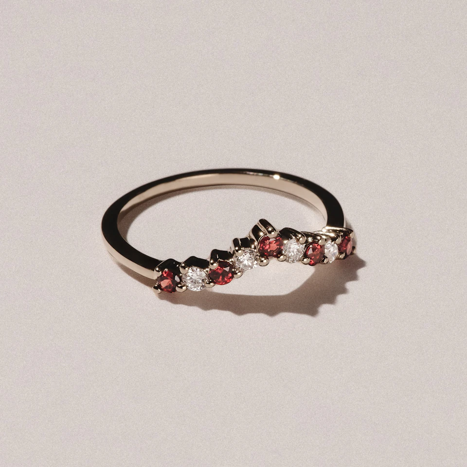 Starlit Garnet and Lab Diamond Wishbone Ring in 9K Yellow Gold