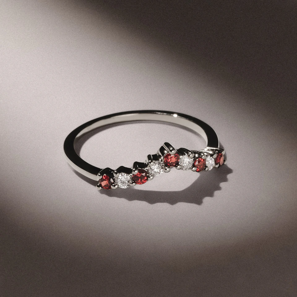 Starlit Garnet and Lab Diamond Wishbone Ring in 9K White Gold