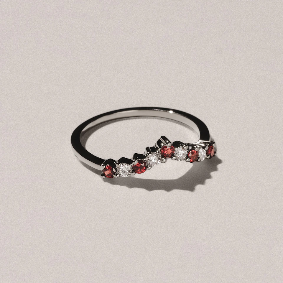 Starlit Garnet and Lab Diamond Wishbone Ring in 9K White Gold