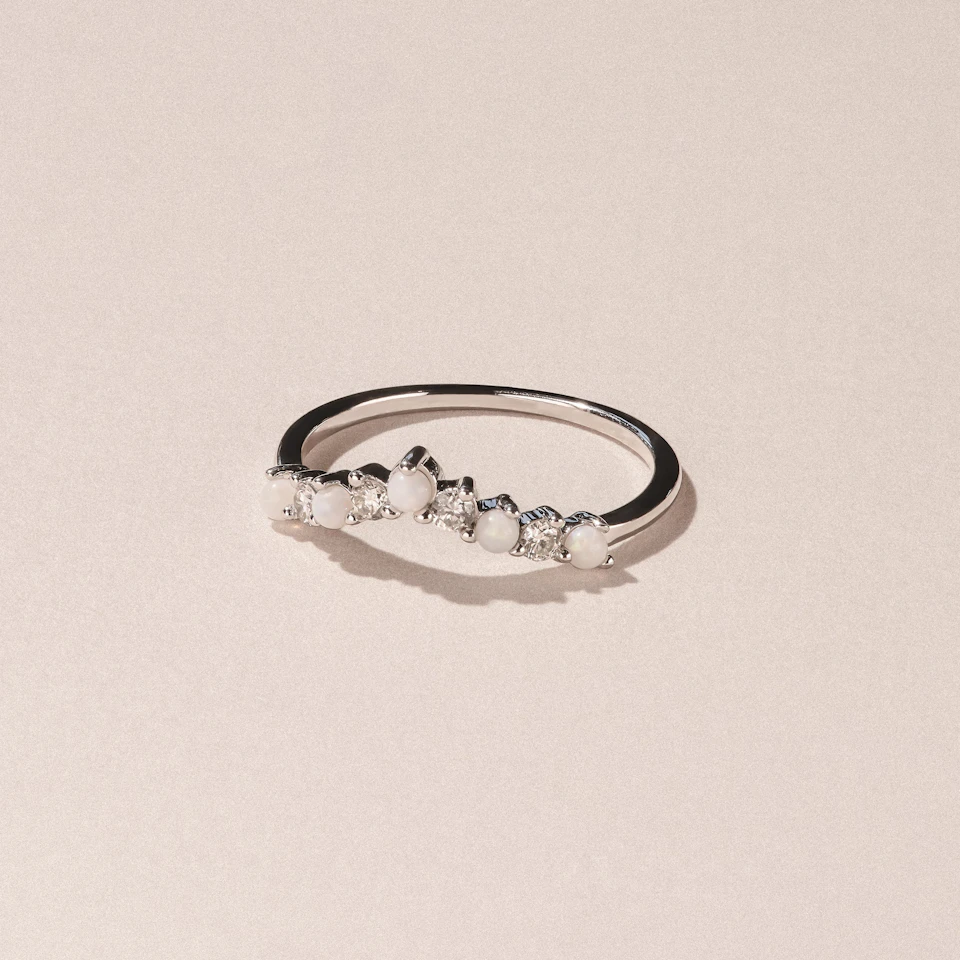 Starlit Opal and Lab Diamond Wishbone Ring in 9K White Gold