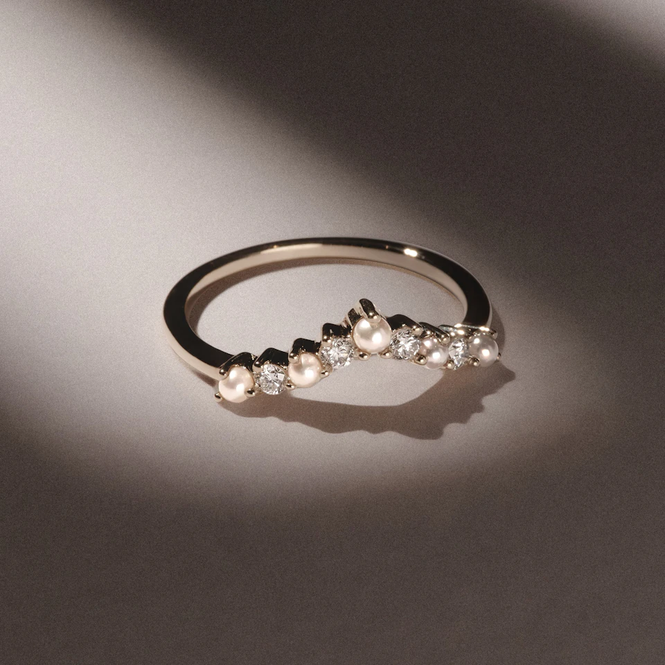 Starlit Pearl and Lab Diamond Wishbone Ring in 9K Yellow Gold