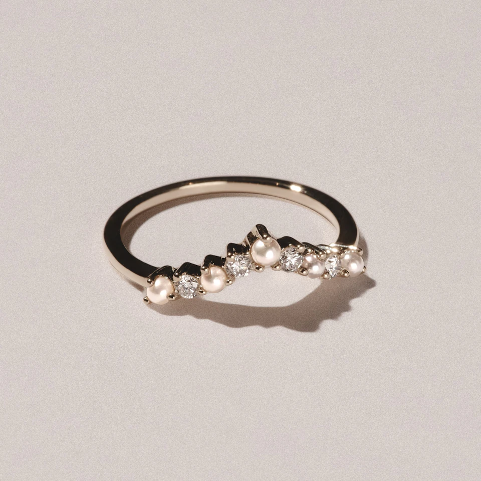 Starlit Pearl and Lab Diamond Wishbone Ring in 9K Yellow Gold
