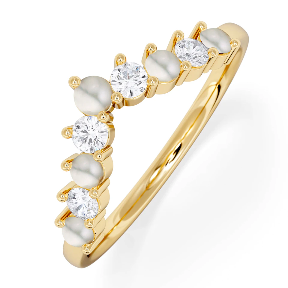 Starlit Pearl and Lab Diamond Wishbone Ring in 9K Yellow Gold