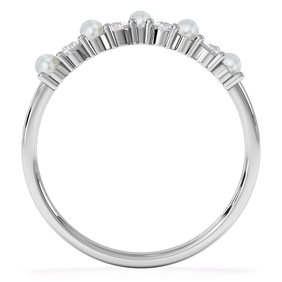 Starlit Pearl and Lab Diamond Wishbone Ring in 9K White Gold