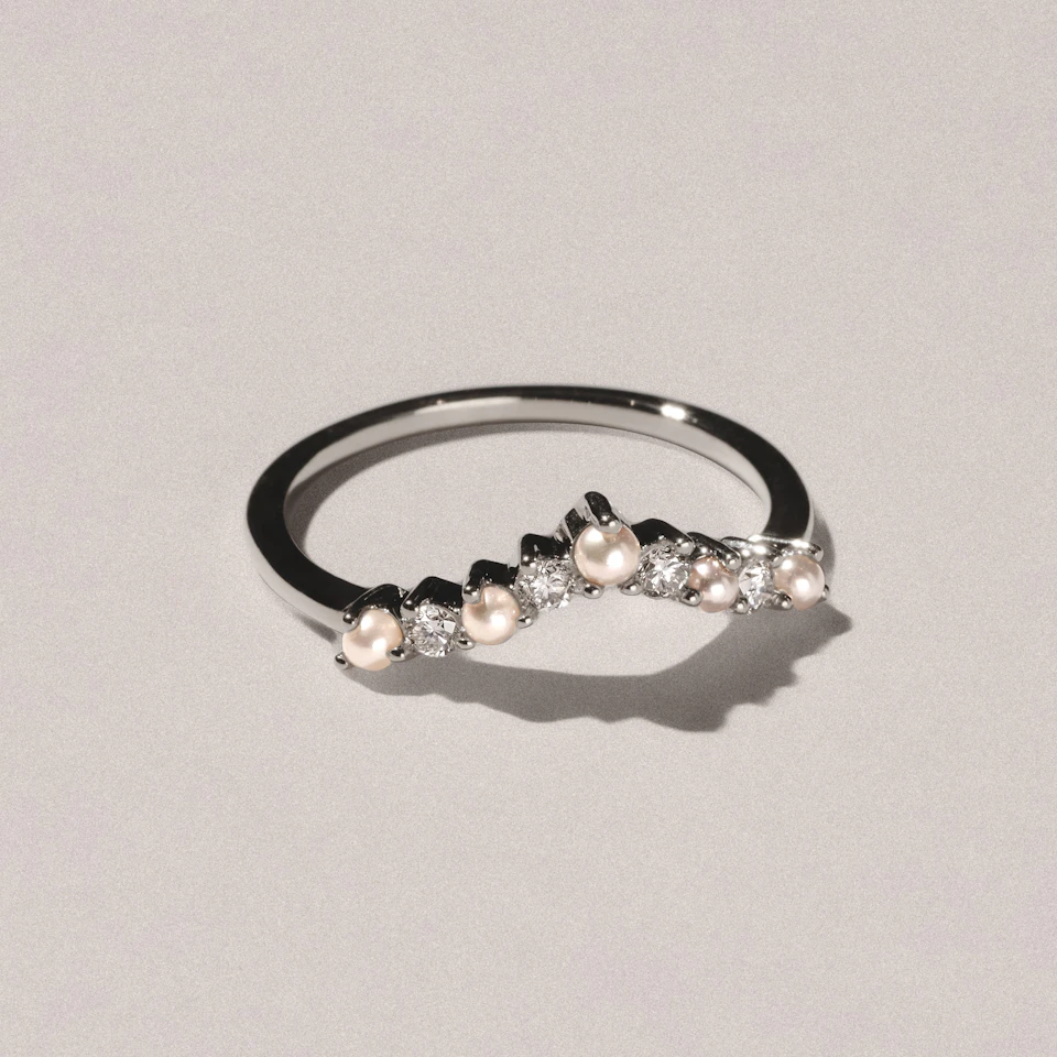 Starlit Pearl and Lab Diamond Wishbone Ring in 9K White Gold