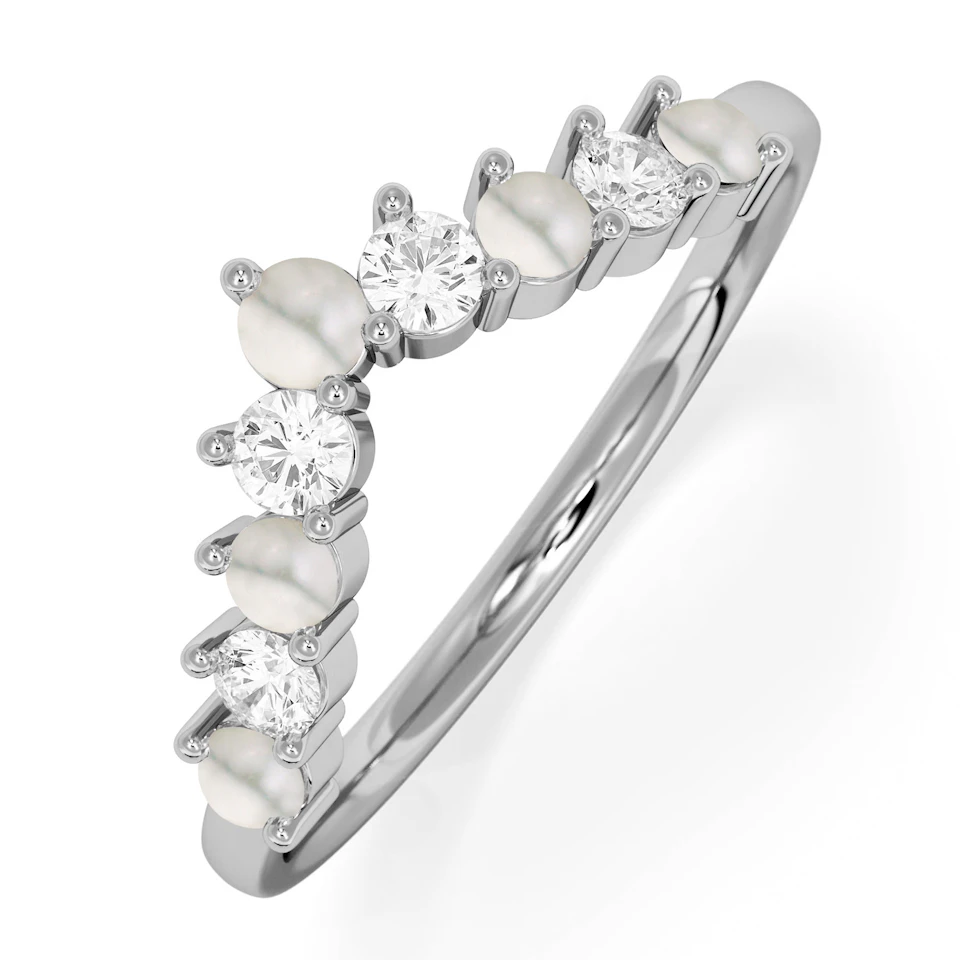 Starlit Pearl and Lab Diamond Wishbone Ring in 9K White Gold