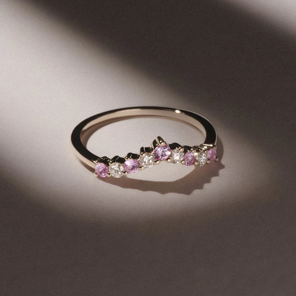 Starlit Pink Sapphire and Lab Diamond Wishbone Ring in 9K Yellow Gold