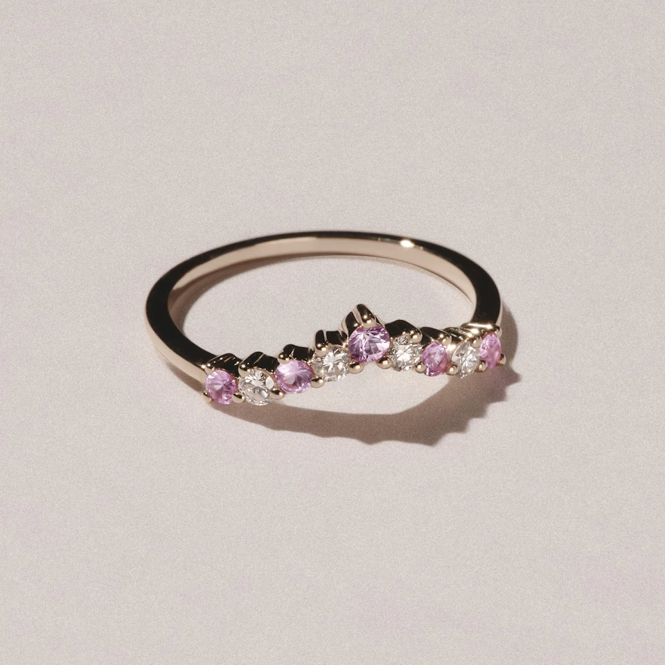Starlit Pink Sapphire and Lab Diamond Wishbone Ring in 9K Yellow Gold