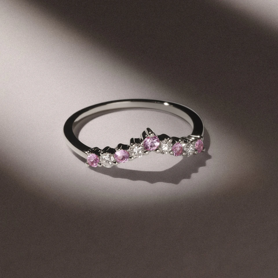 Starlit Pink Sapphire and Lab Diamond Wishbone Ring in 9K White Gold