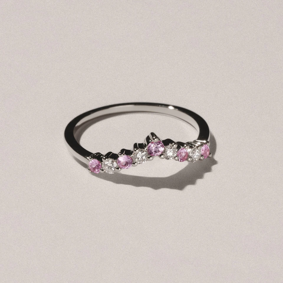 Starlit Pink Sapphire and Lab Diamond Wishbone Ring in 9K White Gold