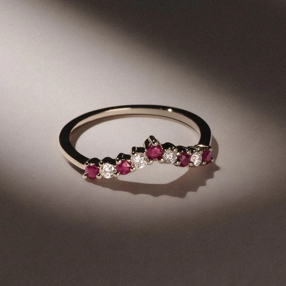 Starlit Ruby and Lab Diamond Wishbone Ring in 9K Yellow Gold