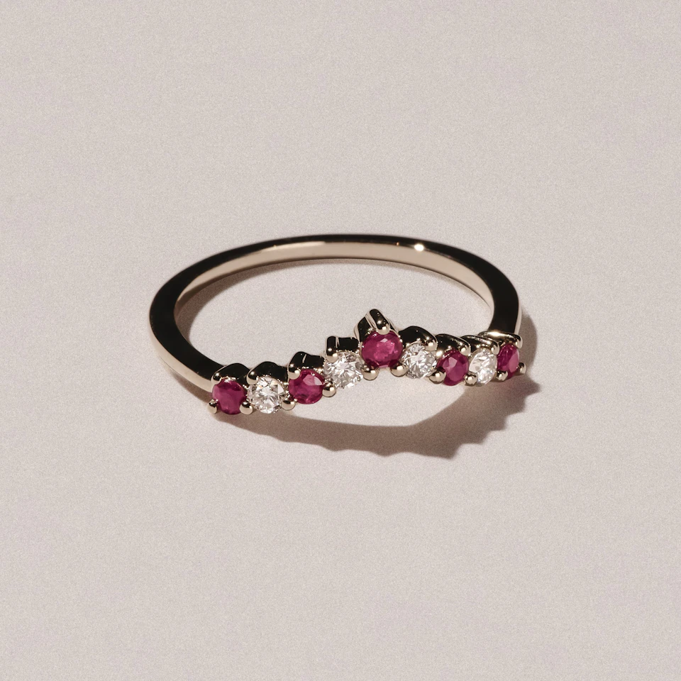 Starlit Ruby and Lab Diamond Wishbone Ring in 9K Yellow Gold