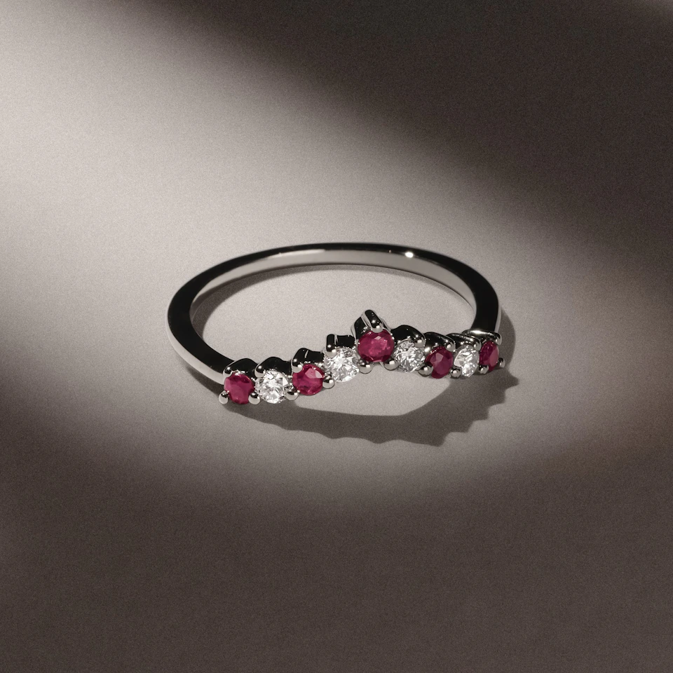 Starlit Ruby and Lab Diamond Wishbone Ring in 9K White Gold