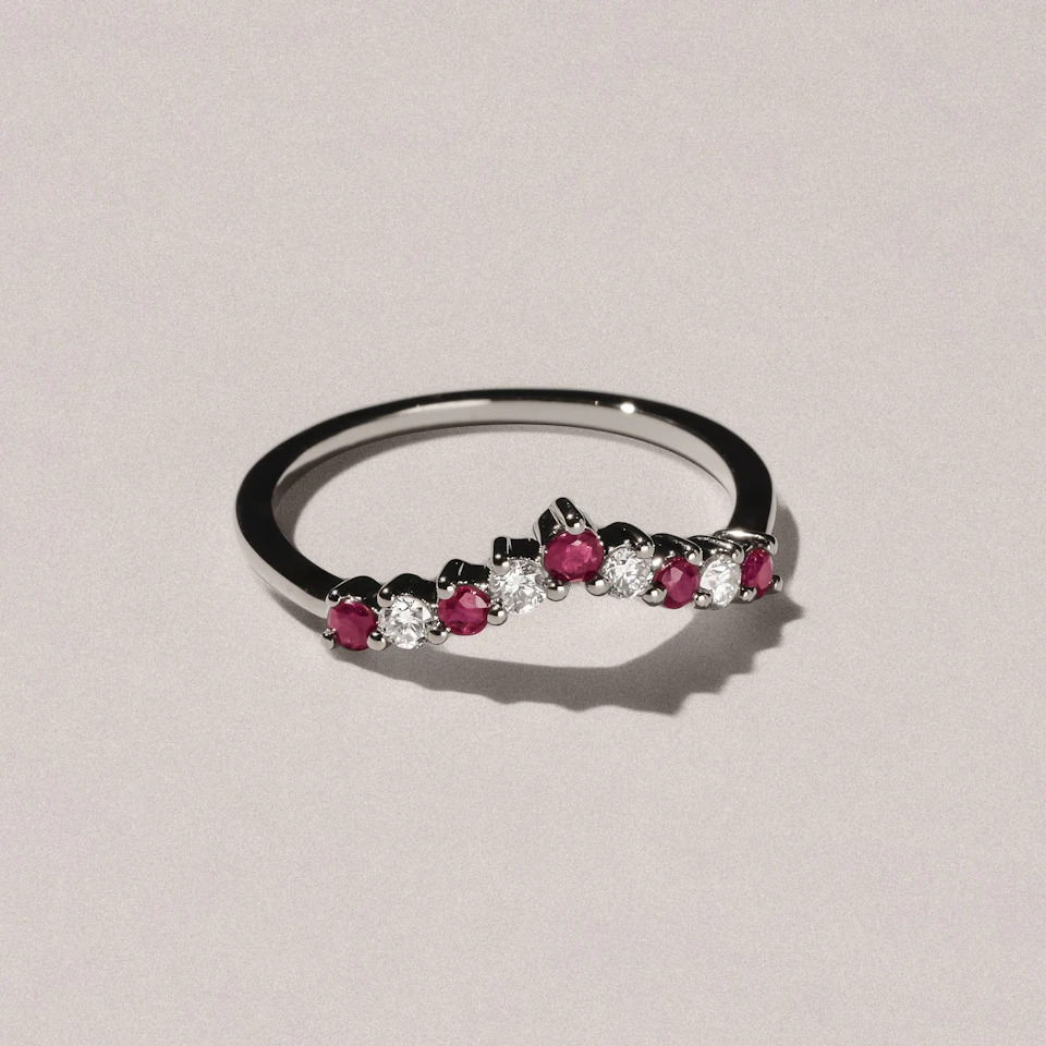 Starlit Ruby and Lab Diamond Wishbone Ring in 9K White Gold