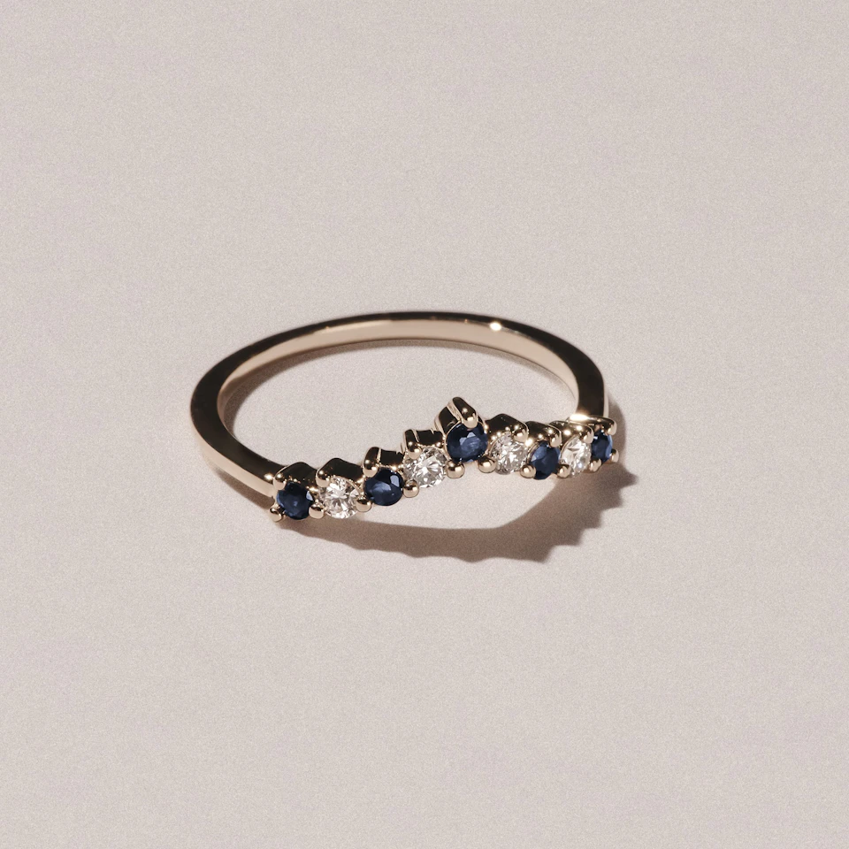 Starlit Sapphire and Lab Diamond Wishbone Ring in 9K Yellow Gold
