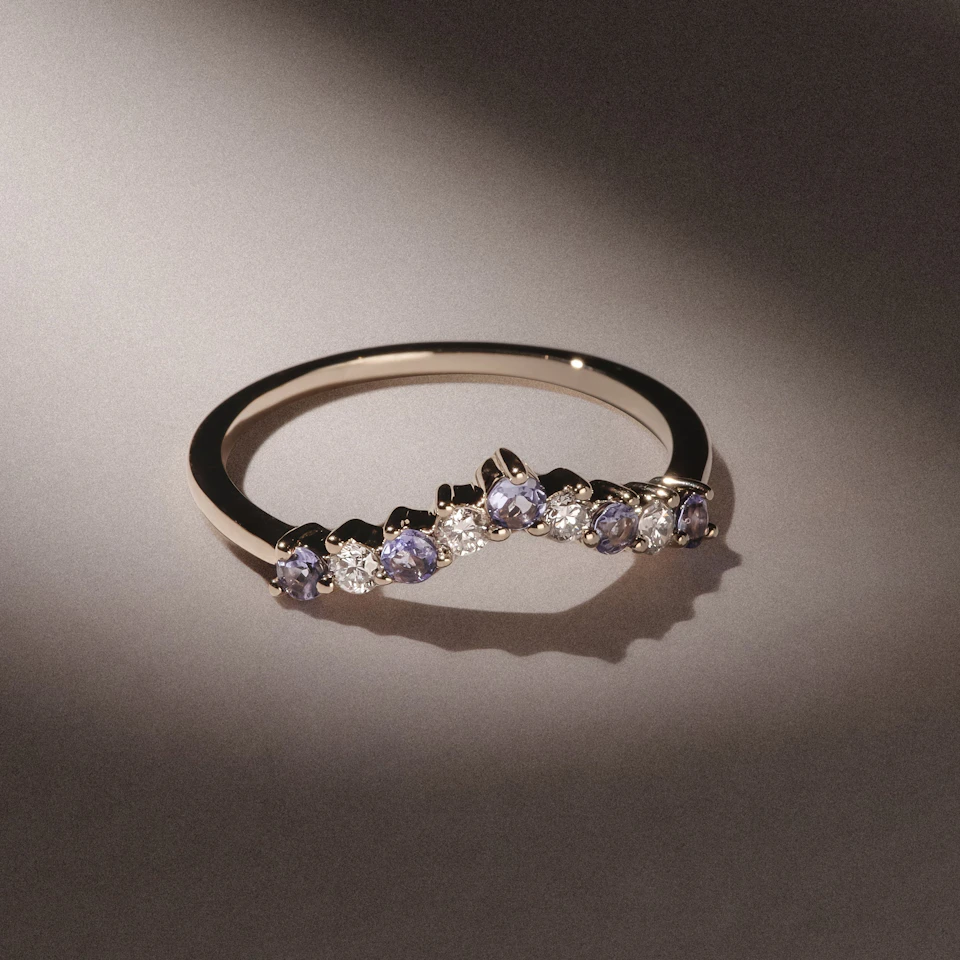 Starlit Tanzanite and Lab Diamond Wishbone Ring in 9K Yellow Gold