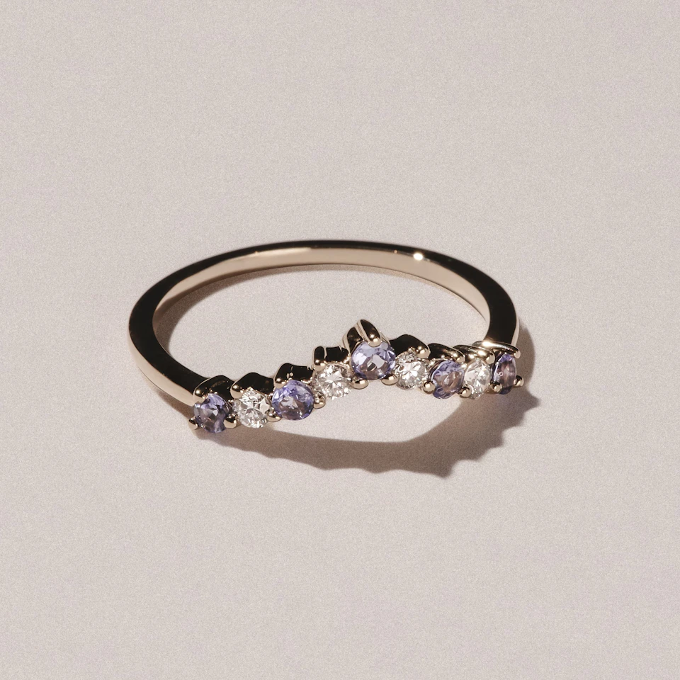 Starlit Tanzanite and Lab Diamond Wishbone Ring in 9K Yellow Gold