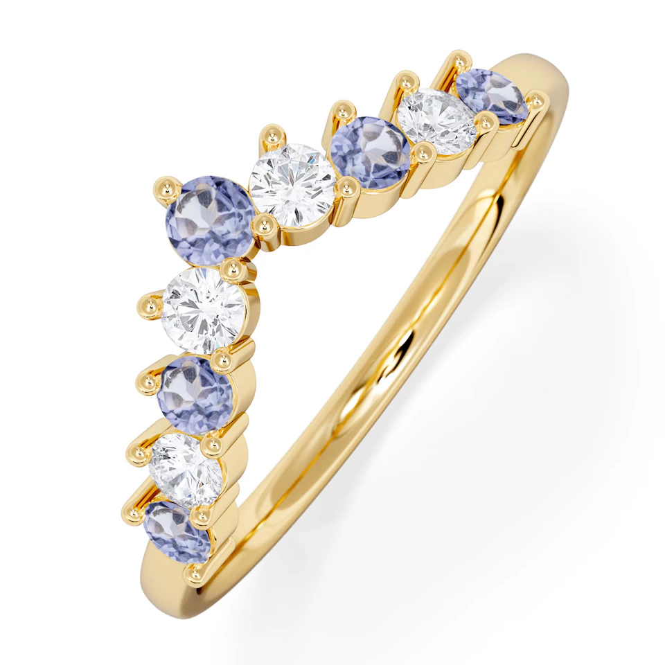 Starlit Tanzanite and Lab Diamond Wishbone Ring in 9K Yellow Gold